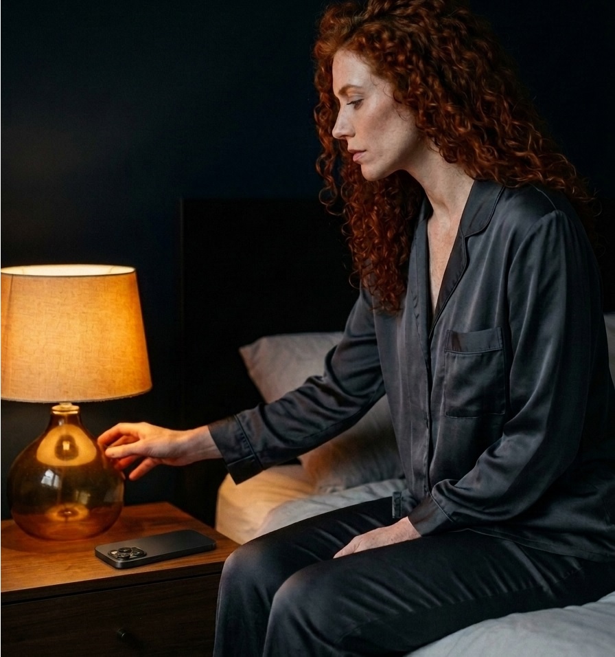 Mulher sentada na cama à noite, ajustando a luz de um abajur ao lado do celular sobre o criado-mudo.