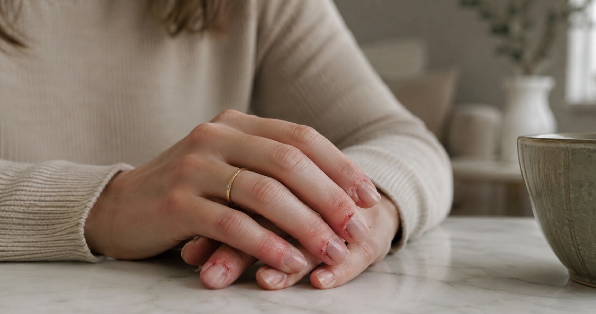 Mãos femininas entrelaçadas sobre mesa de mármore. Cutículas machucadas contrastam com anel dourado delicado e ambiente clean ao fundo.