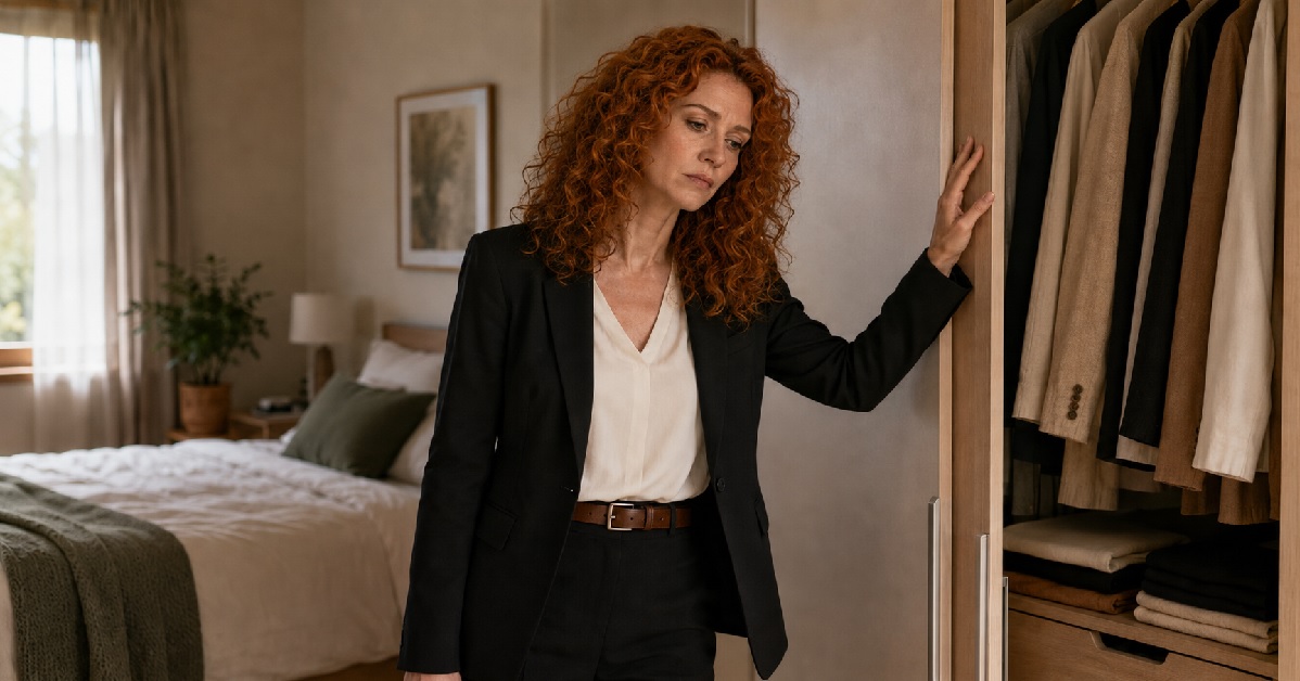 Mulher parada em frente ao closet aberto, observando as roupas, em quarto com luz natural.