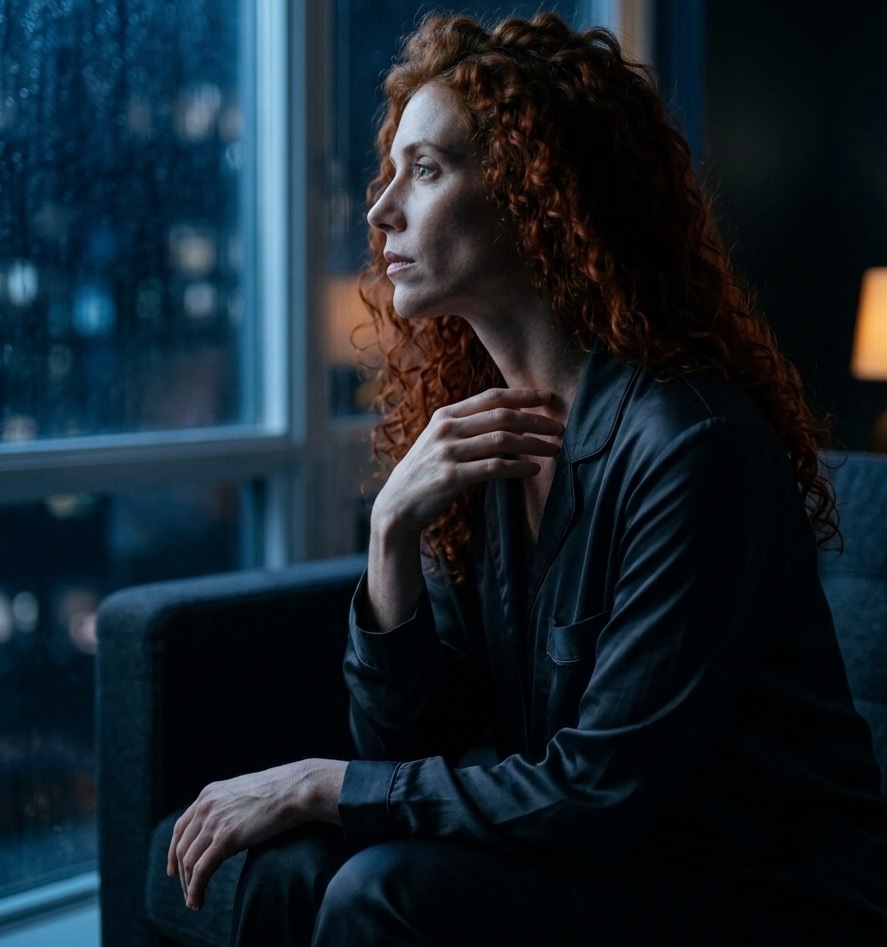 Mulher sentada em poltrona à noite, olhando pela janela com expressão pensativa, em ambiente de pouca luz.